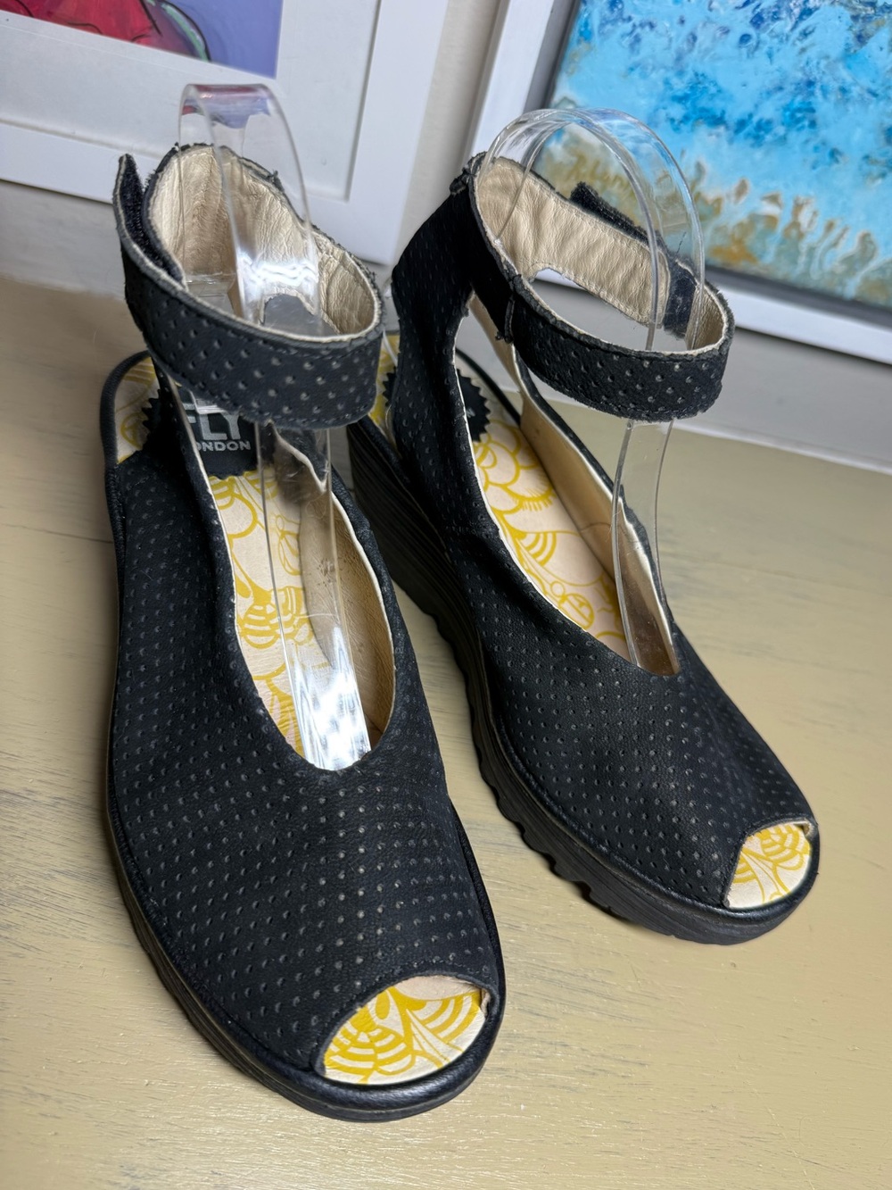 Fly London Yala Perforated Black Peep-Toe Ankle Strap Wedge Sandals